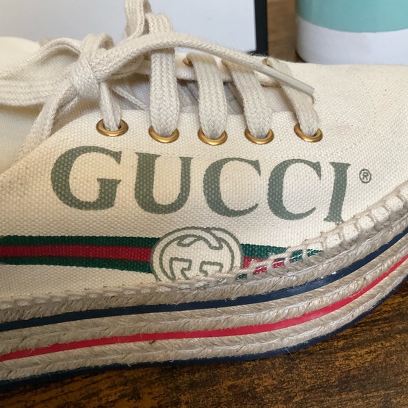 GUCCI 
Canvas Logo Lace-Up Platform Espadrilles 36 Greggio Grege - Picture 7 of 15